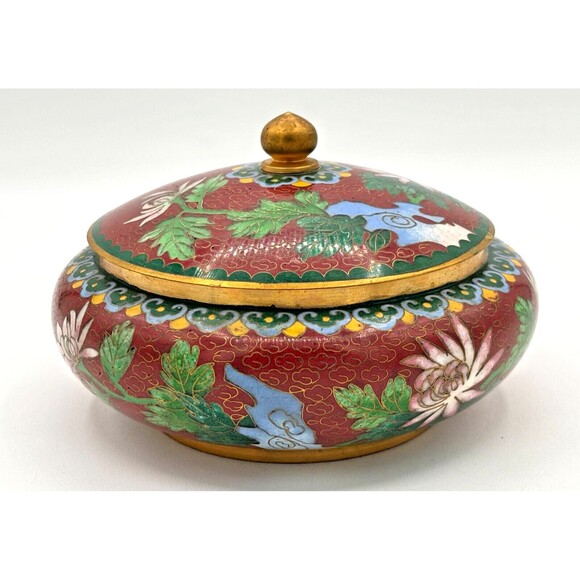 Vintage Chinese Cloisonné Enamel on Bronze Lidded Bowl Trinket Dish Floral Teal - Picture 1 of 16